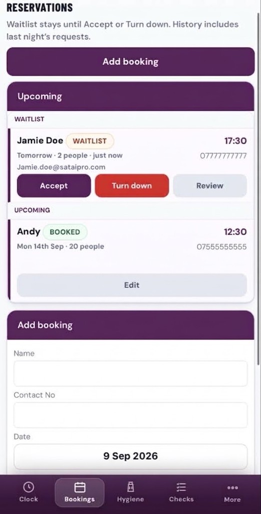 RESERVATIONS waitlist with Accept, Turn down and BOOKED entries