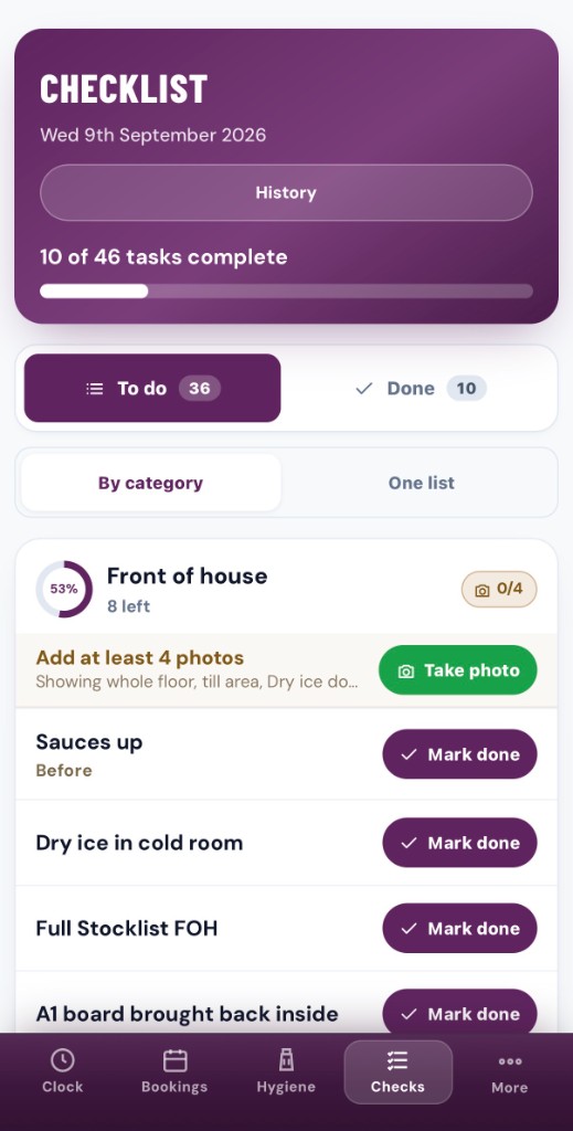 CHECKLIST with Take photo and Mark done on front of house tasks