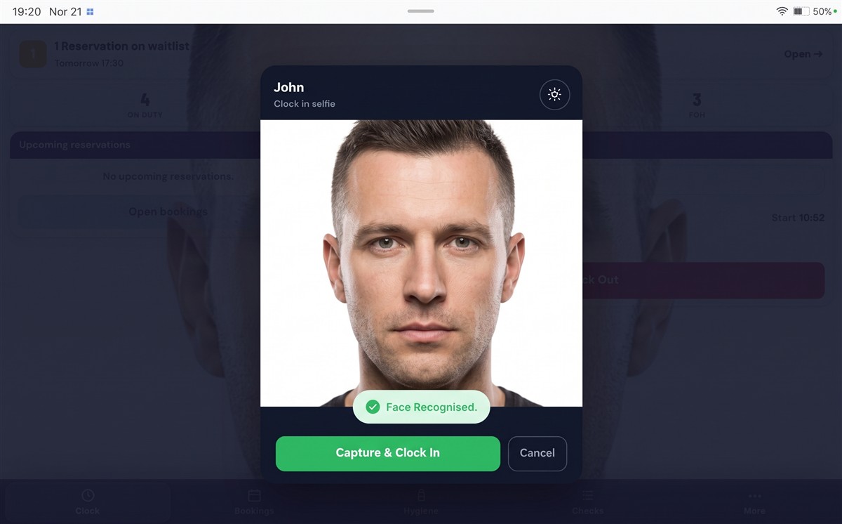 Clock-in selfie with Face Recognised badge and Capture and Clock In button