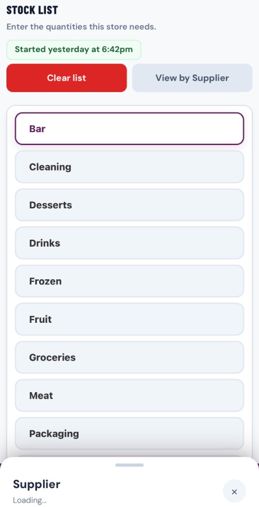 STOCK LIST with Bar, Cleaning, Drinks and other categories